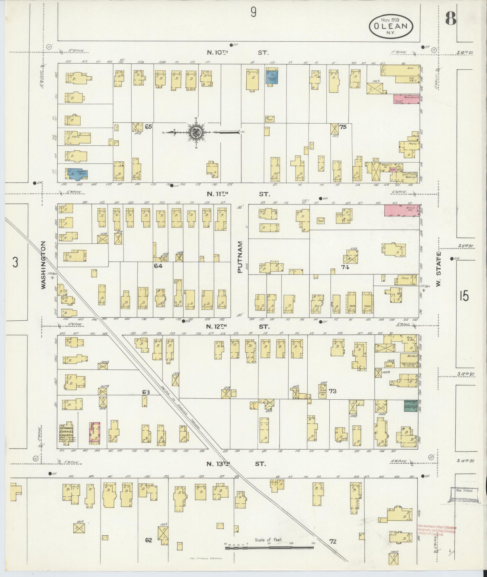 Sanborn Fire Insurance Map from Olean, Cattaraugus County, New York (1909), Sheet #0008 - Complete Map Set gallery image, historic Sanborn map, vintage wall art, New York New York