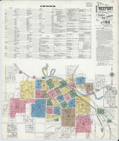 Sanborn Fire Insurance Map from Freeport, Stephenson County, Illinois (1918), Sheet #0001 - Historic Sanborn Fire Insurance Map Print, vintage old map wall art, antique decor, genealogy gift, Illinois Illinois map