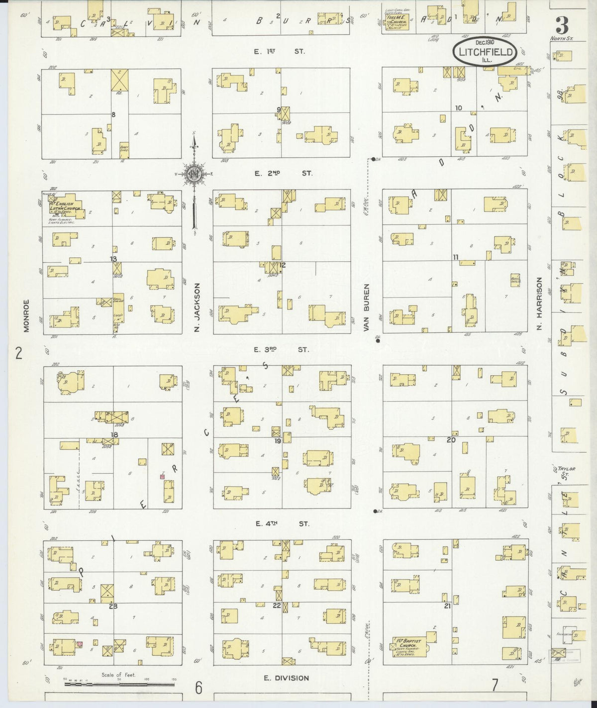 Sanborn Fire Insurance Map from Litchfield, Montgomery County, Illinois (1910), Sheet #0003 - Complete Map Set gallery image, historic Sanborn map, vintage wall art, Illinois Illinois