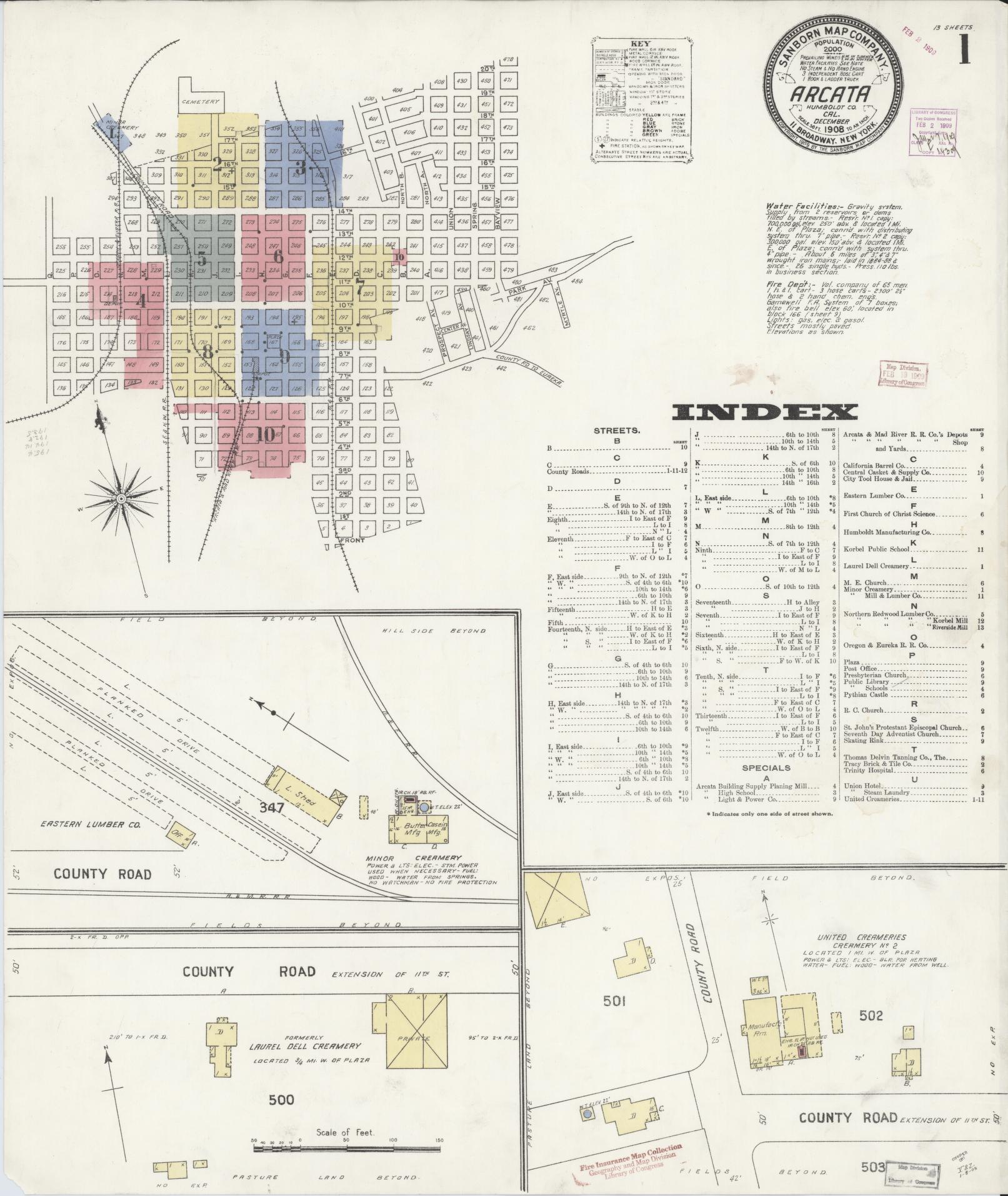 Sanborn Fire Insurance Map from Arcata, Humboldt County, California (1908), Sheet #0001 - Historic Sanborn Fire Insurance Map Print, vintage old map wall art, antique decor, genealogy gift, California California map