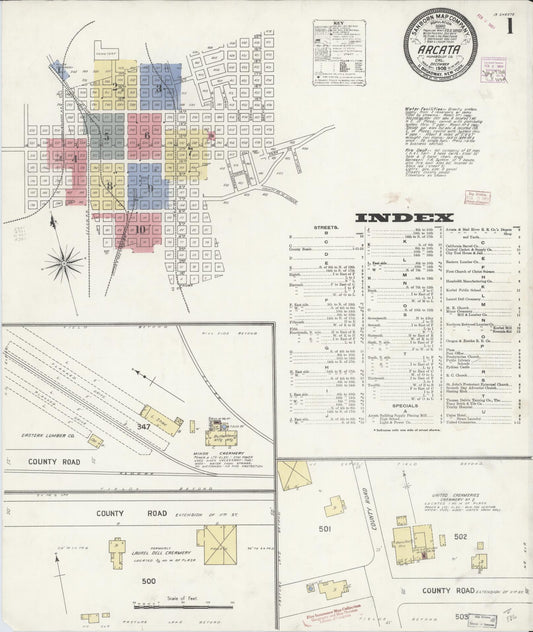 Sanborn Fire Insurance Map from Arcata, Humboldt County, California (1908), Sheet #0001 - Historic Sanborn Fire Insurance Map Print, vintage old map wall art, antique decor, genealogy gift, California California map