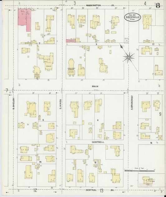 Sanborn Fire Insurance Map from Greenville, Washington County, Mississippi (1905), Sheet #0008 - Historic Sanborn Fire Insurance Map Print, vintage old map wall art, antique decor, genealogy gift, Mississippi Mississippi map