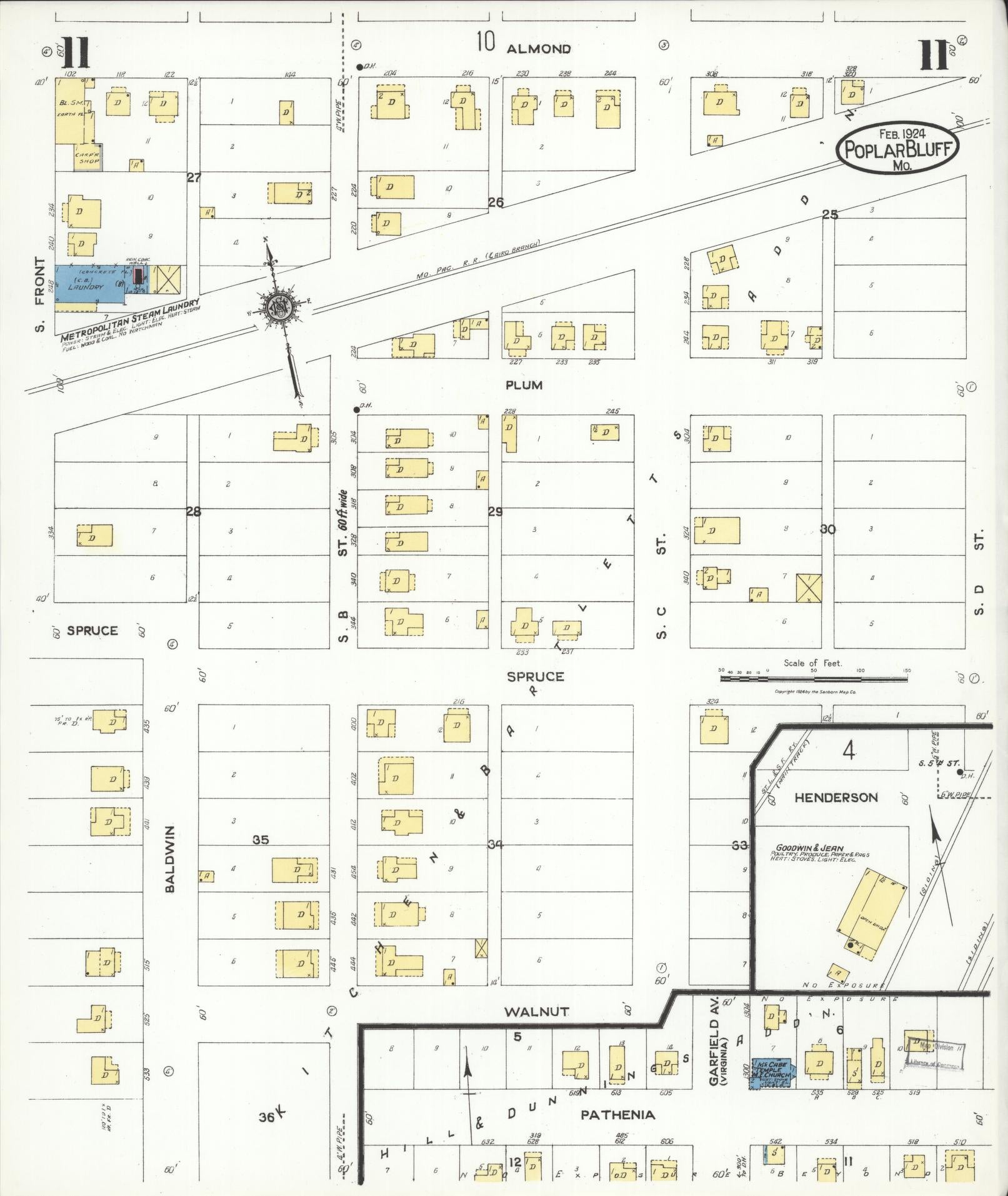 Sanborn Fire Insurance Map from Poplar Bluff, Butler County, Missouri (1924), Sheet #0011 - Complete Map Set gallery image, historic Sanborn map, vintage wall art, Missouri Missouri