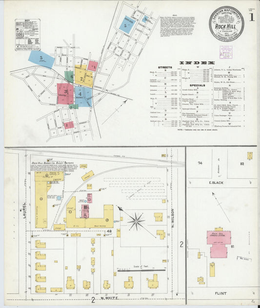 Sanborn Fire Insurance Map from Rock Hill, York County, South Carolina (1905), Sheet #0001 - Complete Map Set gallery image, historic Sanborn map, vintage wall art, South Carolina South Carolina