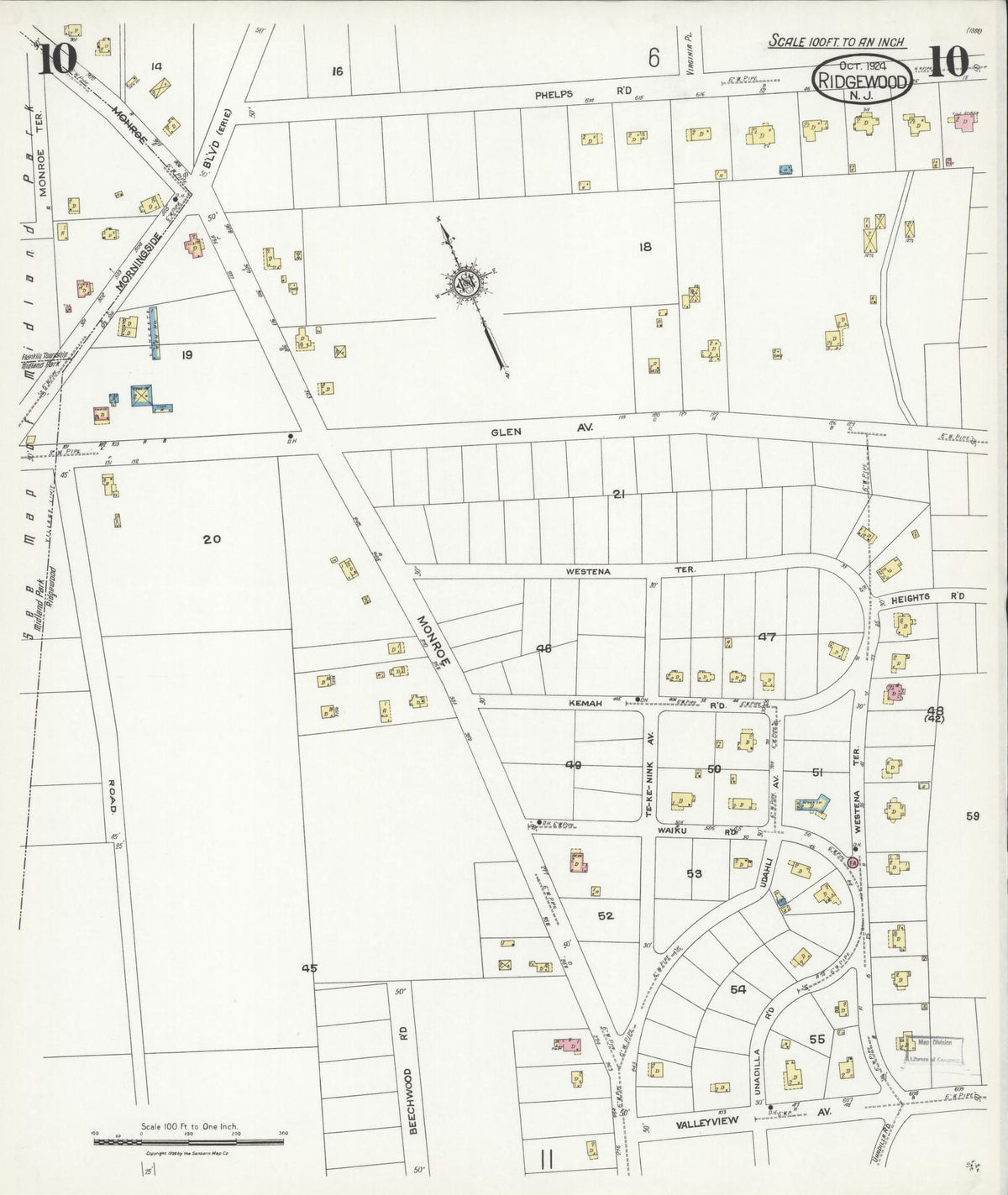 Sanborn Fire Insurance Map from Ridgewood, Bergen County, New Jersey (1924), Sheet #0010 - Historic Sanborn Fire Insurance Map Print, vintage old map wall art, antique decor, genealogy gift, New Jersey New Jersey map
