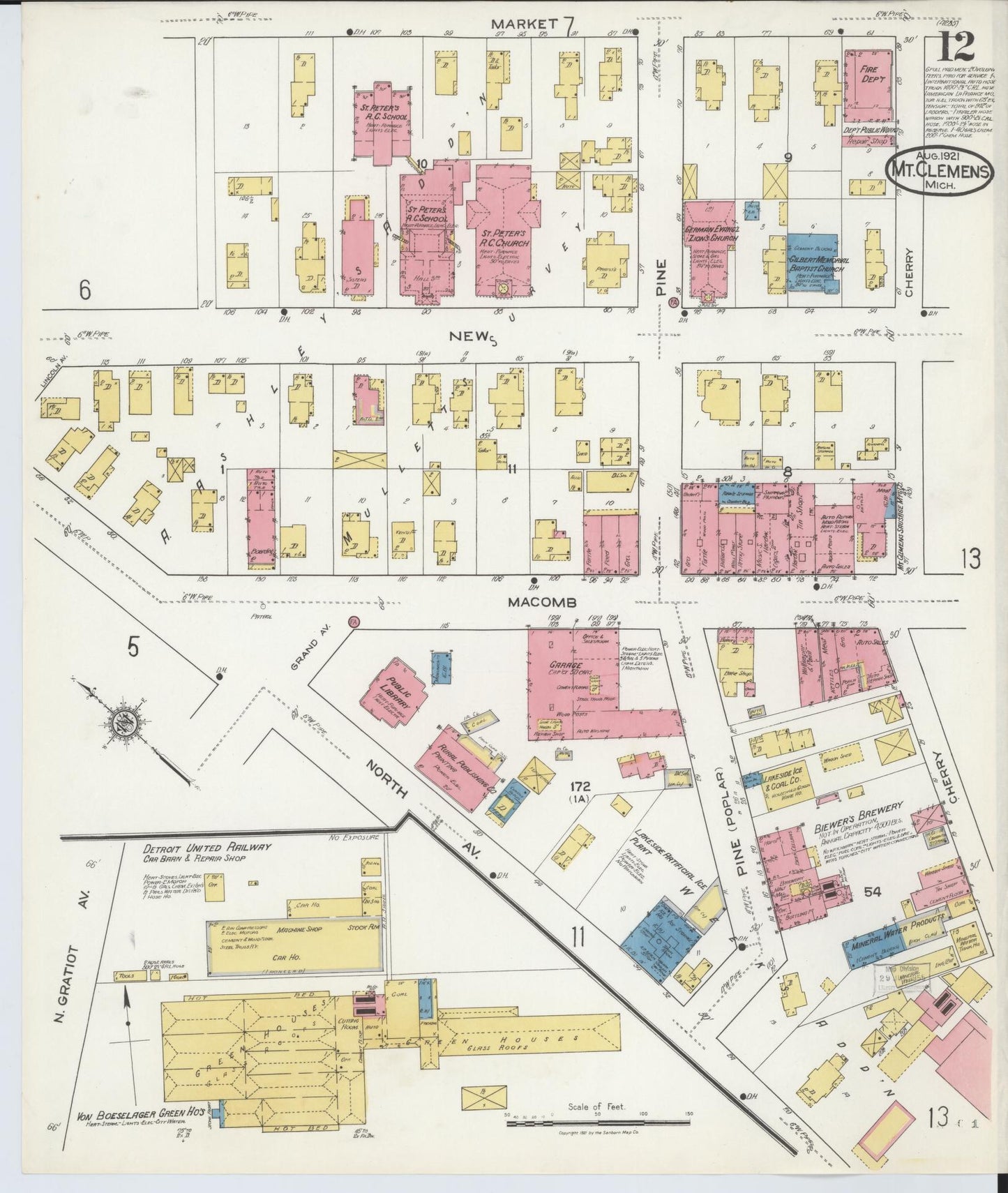 Sanborn Fire Insurance Map from Mount Clemens, Macomb County, Michigan (1921), Sheet #0012 - Historic Sanborn Fire Insurance Map Print, vintage old map wall art, antique decor, genealogy gift, Michigan Michigan map