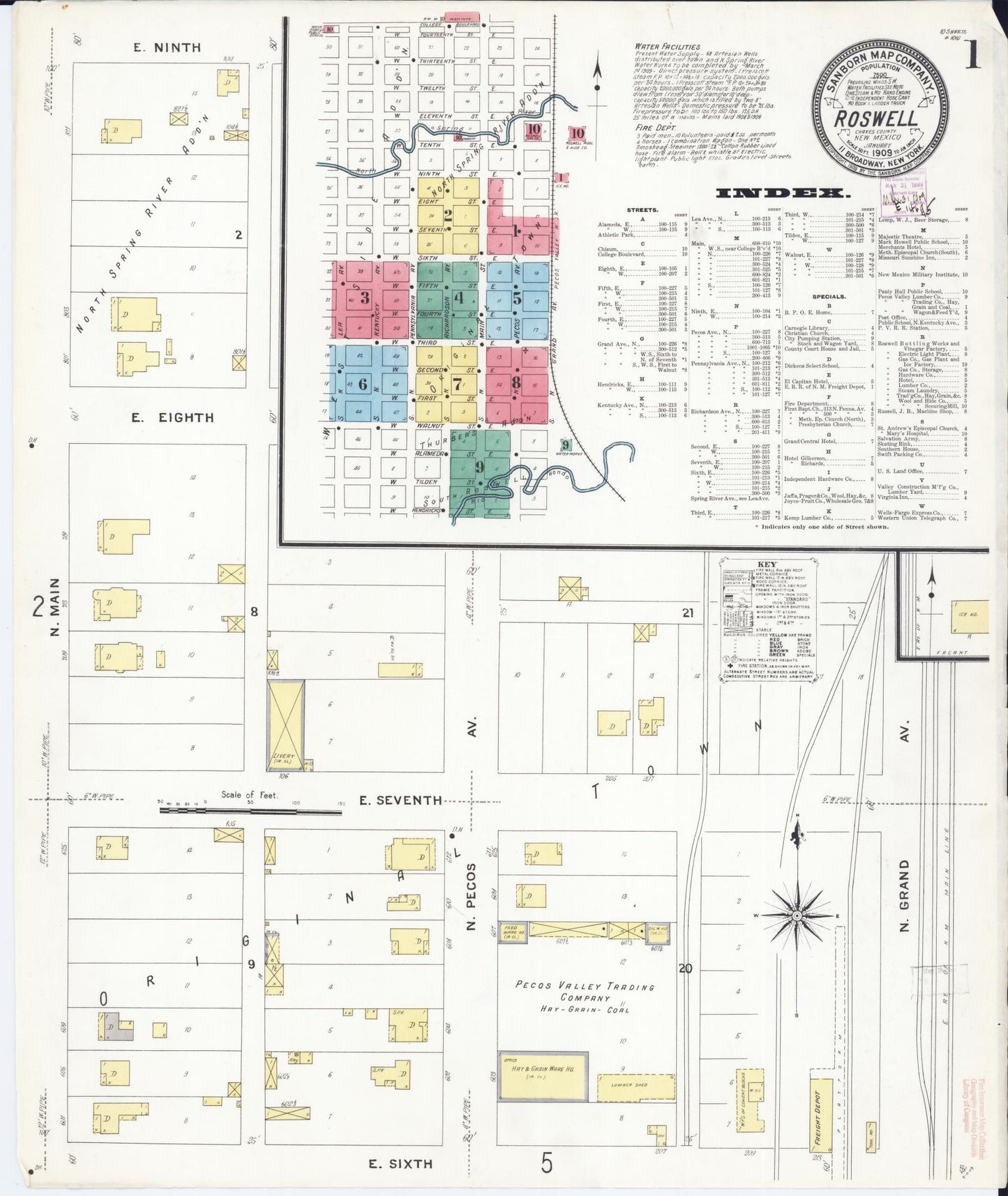 Sanborn Fire Insurance Map from Roswell, Chaves County, New Mexico (1909), Sheet #0001 - Historic Sanborn Fire Insurance Map Print, vintage old map wall art, antique decor, genealogy gift, New Mexico New Mexico map