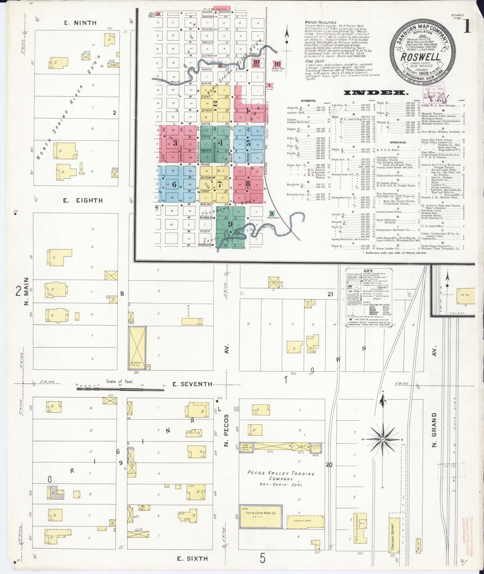 Sanborn Fire Insurance Map from Roswell, Chaves County, New Mexico (1909), Sheet #0001 - Historic Sanborn Fire Insurance Map Print, vintage old map wall art, antique decor, genealogy gift, New Mexico New Mexico map