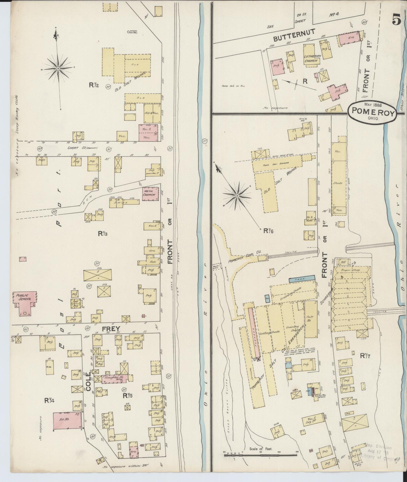 Sanborn Fire Insurance Map from Pomeroy, Meigs County, Ohio (1888), Sheet #0005 - Historic Sanborn Fire Insurance Map Print, vintage old map wall art, antique decor, genealogy gift, Ohio Ohio map