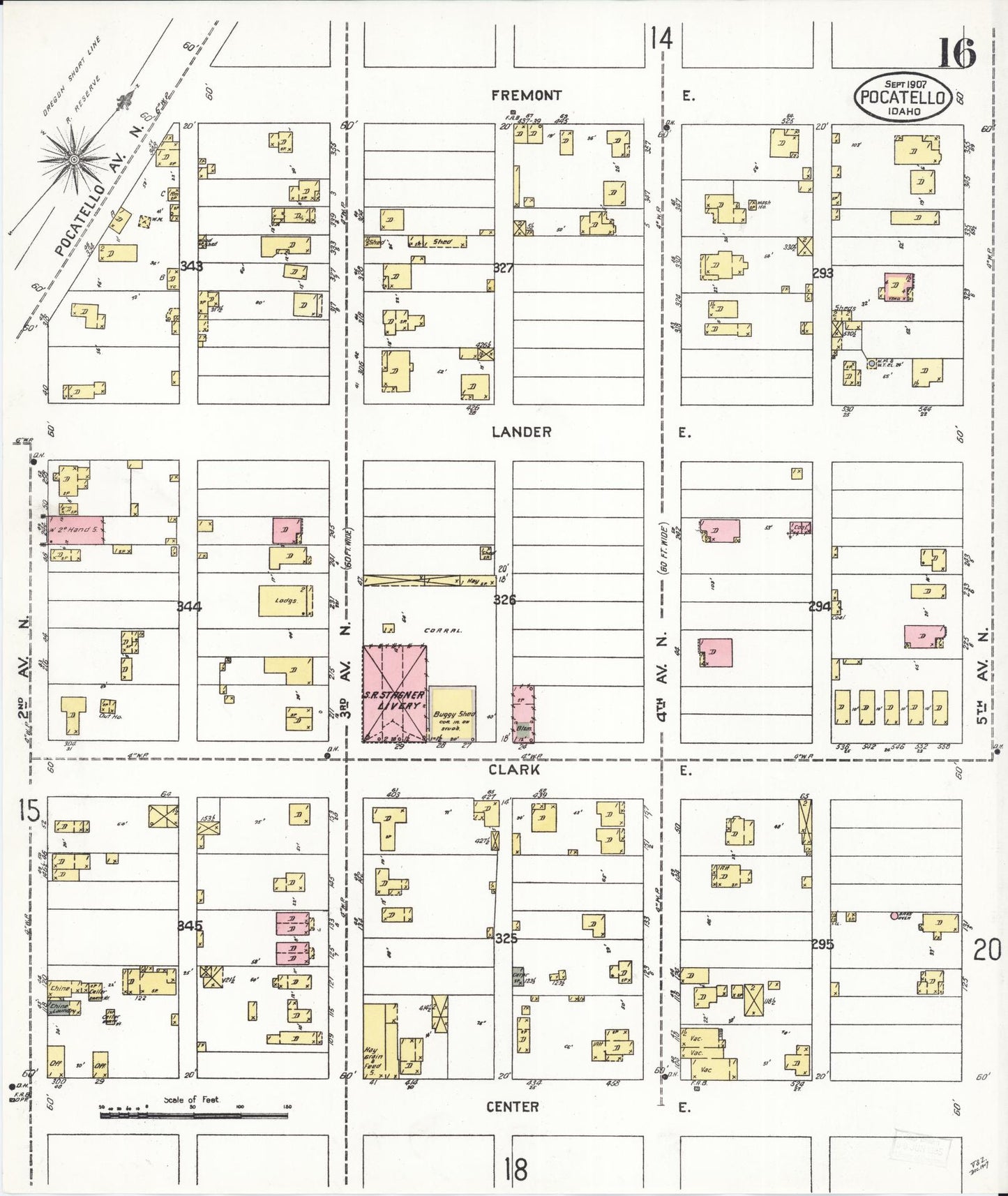Sanborn Fire Insurance Map from Pocatello, Bannock County, Idaho (1907), Sheet #0016 - Complete Map Set gallery image, historic Sanborn map, vintage wall art, Idaho Idaho