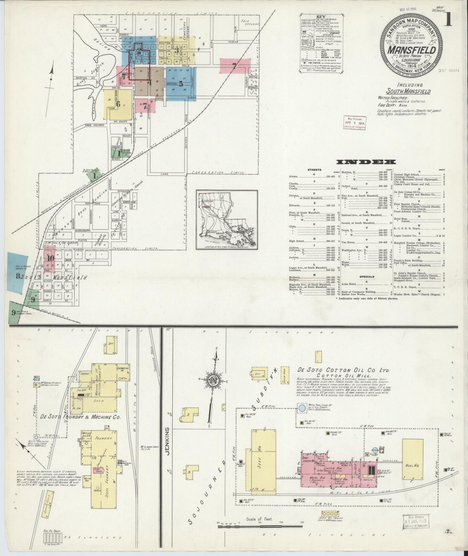 Sanborn Fire Insurance Map from Mansfield, De Soto Parish, Louisiana. (1914) – Historic Sanborn Fire Insurance Map Print
