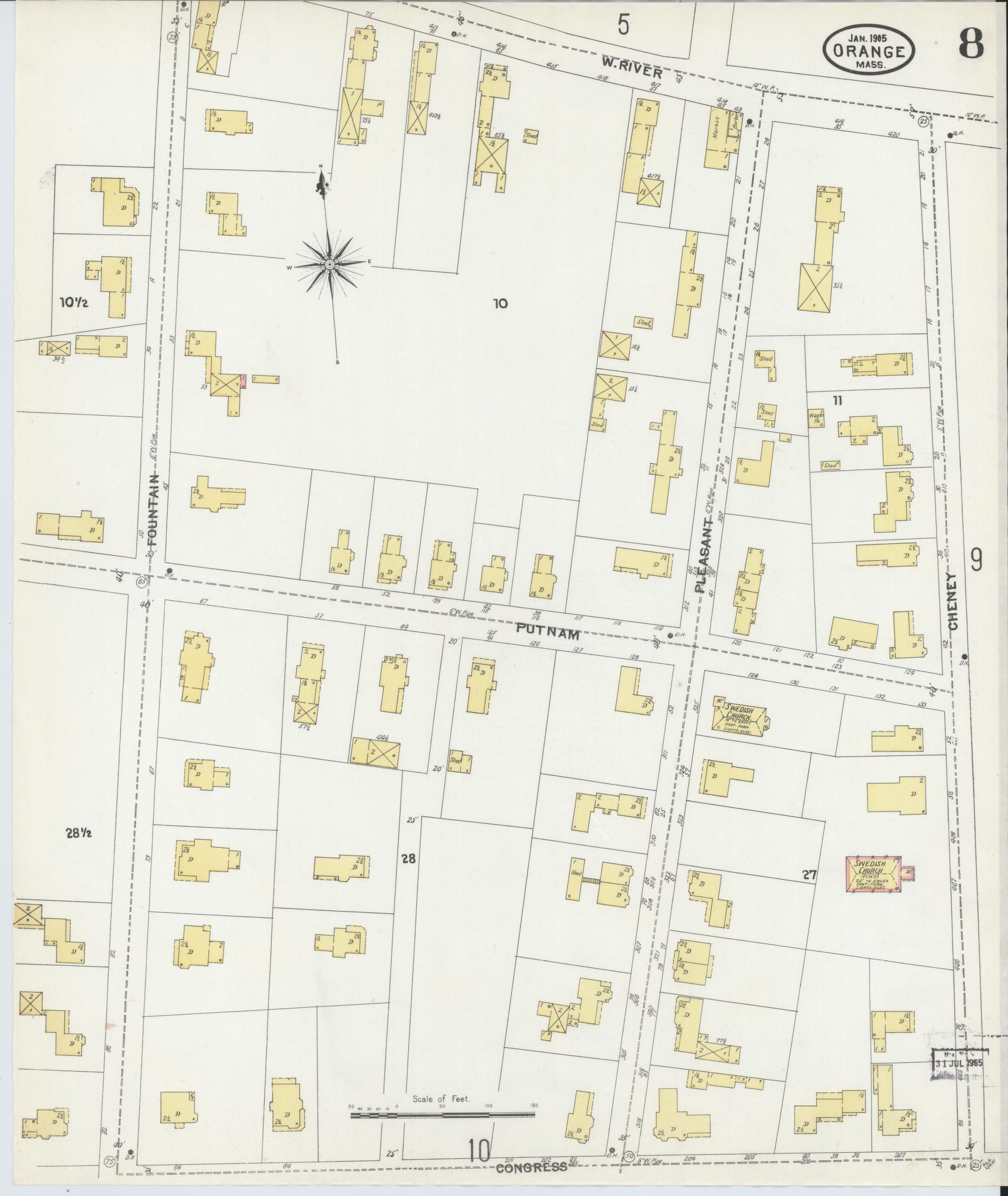 Sanborn Fire Insurance Map from Orange, Franklin County, Massachusetts (1905), Sheet #0008 - Complete Map Set gallery image, historic Sanborn map, vintage wall art, Massachusetts Massachusetts