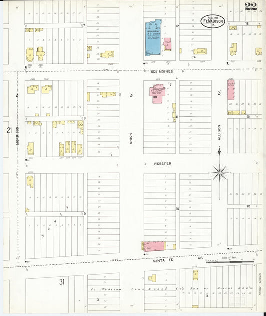 Sanborn Fire Insurance Map from Fort Madison, Lee County, Iowa (1907), Sheet #0022 - Historic Sanborn Fire Insurance Map Print, vintage old map wall art