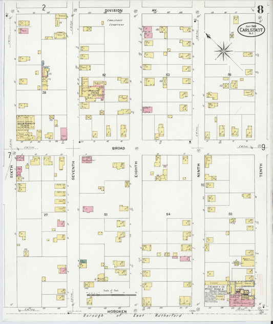 Sanborn Fire Insurance Map from Carlstadt, Bergen County, New Jersey (1909), Sheet #0008 - Historic Sanborn Fire Insurance Map Print, vintage old map wall art, antique decor, genealogy gift, New Jersey New Jersey map