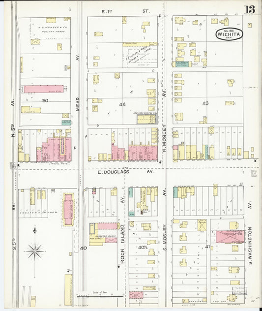 Sanborn Fire Insurance Map from Wichita, Sedgwick County, Kansas (1892), Sheet #0013 - Historic Sanborn Fire Insurance Map Print, vintage old map wall art, antique decor, genealogy gift, Kansas Kansas map