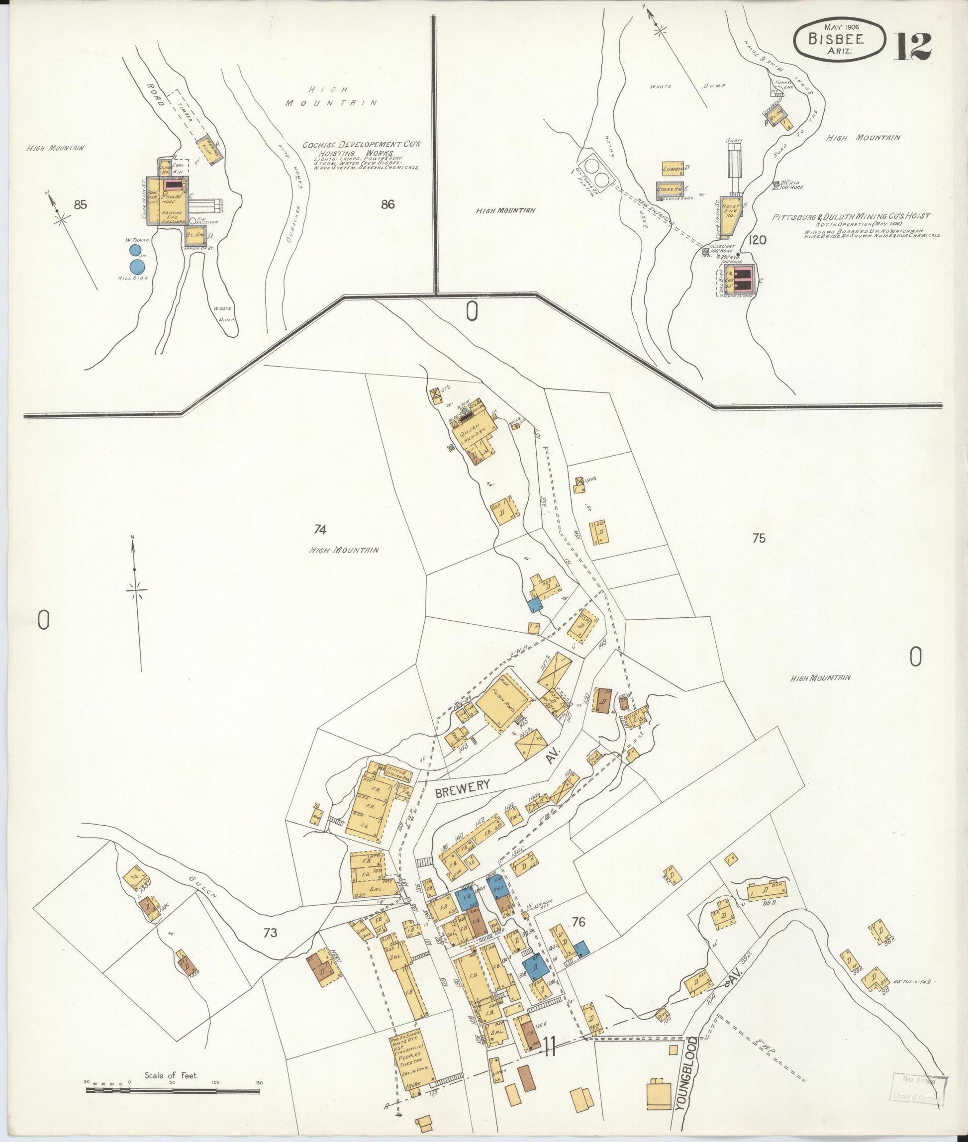 Sanborn Fire Insurance Map from Bisbee, Cochise County, Arizona (1906), Sheet #0012 - Complete Map Set gallery image, historic Sanborn map, vintage wall art, Arizona Arizona