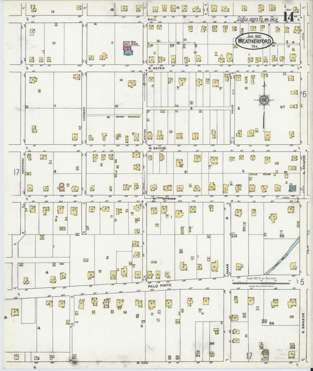 Sanborn Fire Insurance Map from Weatherford, Parker County, Texas (1921), Sheet #0014 - Complete Map Set gallery image, historic Sanborn map, vintage wall art, Texas Texas