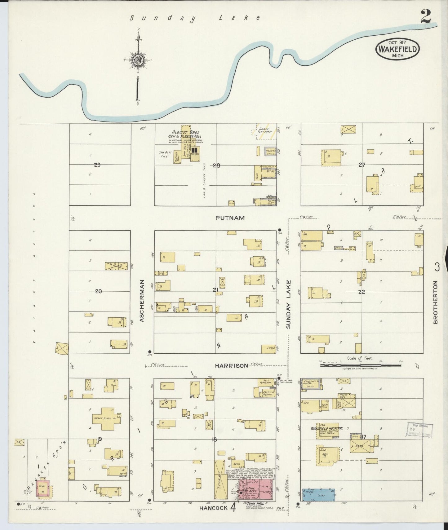 Sanborn Fire Insurance Map from Wakefield, Gogebic County, Michigan (1917), Sheet #0002 - Historic Sanborn Fire Insurance Map Print, vintage old map wall art, antique decor, genealogy gift, Michigan Michigan map