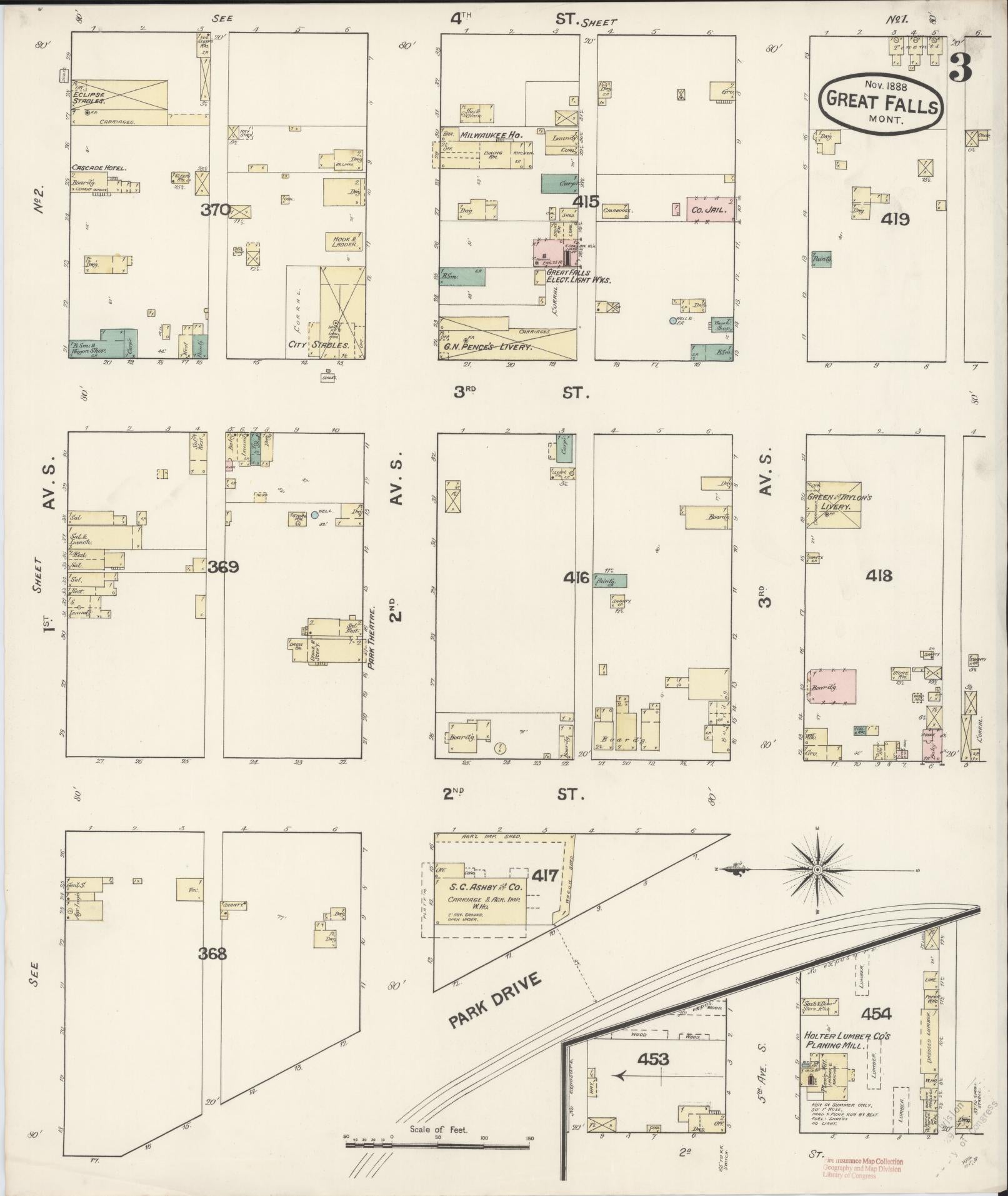 Sanborn Fire Insurance Map from Great Falls, Cascade County, Montana (1888), Sheet #0003 - Complete Map Set gallery image, historic Sanborn map, vintage wall art, Montana Montana