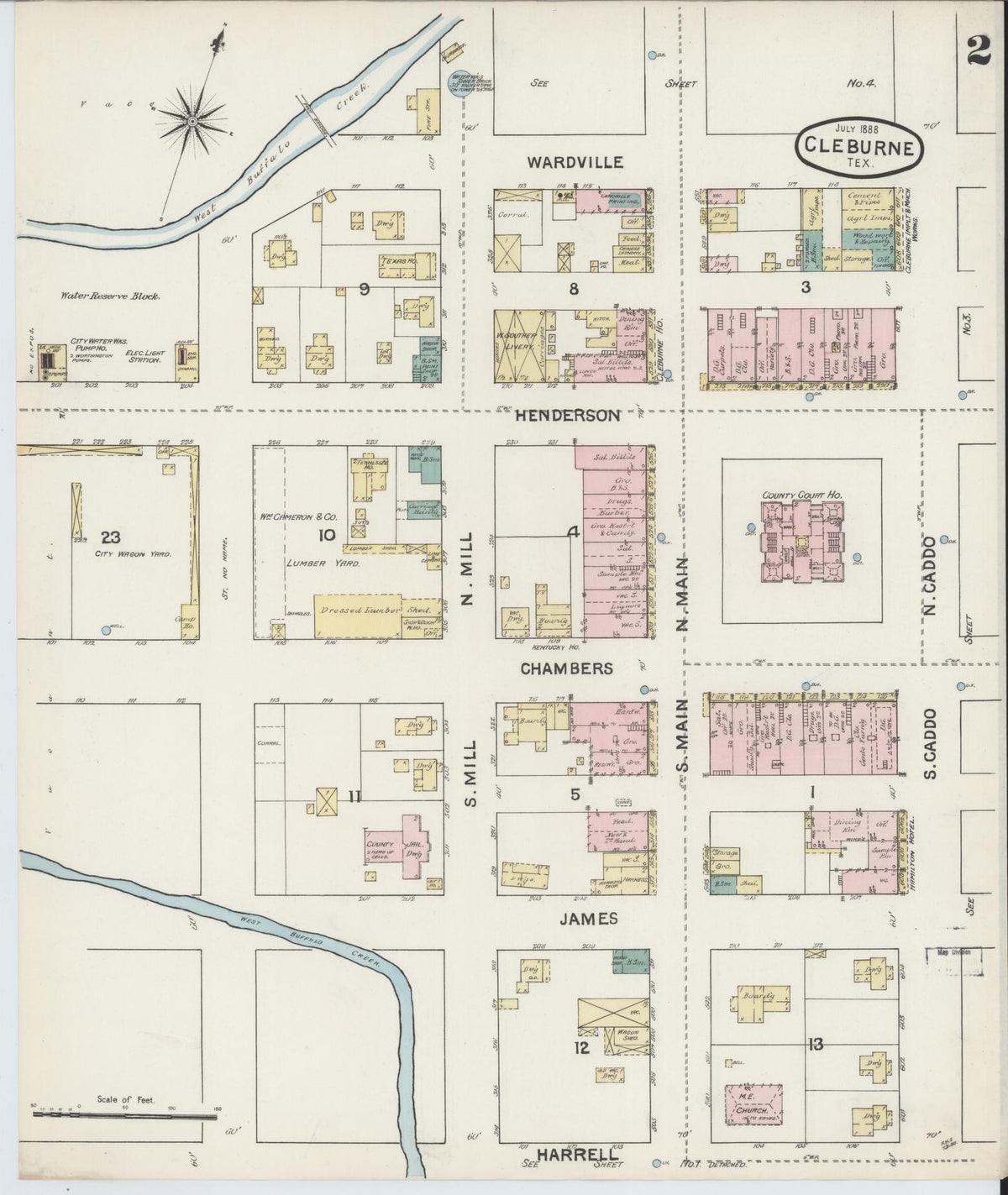 Sanborn Fire Insurance Map from Cleburne, Johnson County, Texas (1888), Sheet #0002 - Historic Sanborn Fire Insurance Map Print, vintage old map wall art, antique decor, genealogy gift, Texas Texas map