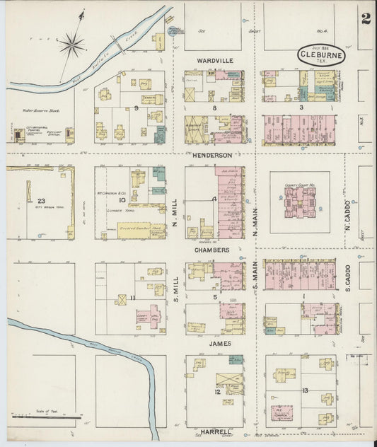 Sanborn Fire Insurance Map from Cleburne, Johnson County, Texas (1888), Sheet #0002 - Historic Sanborn Fire Insurance Map Print, vintage old map wall art, antique decor, genealogy gift, Texas Texas map