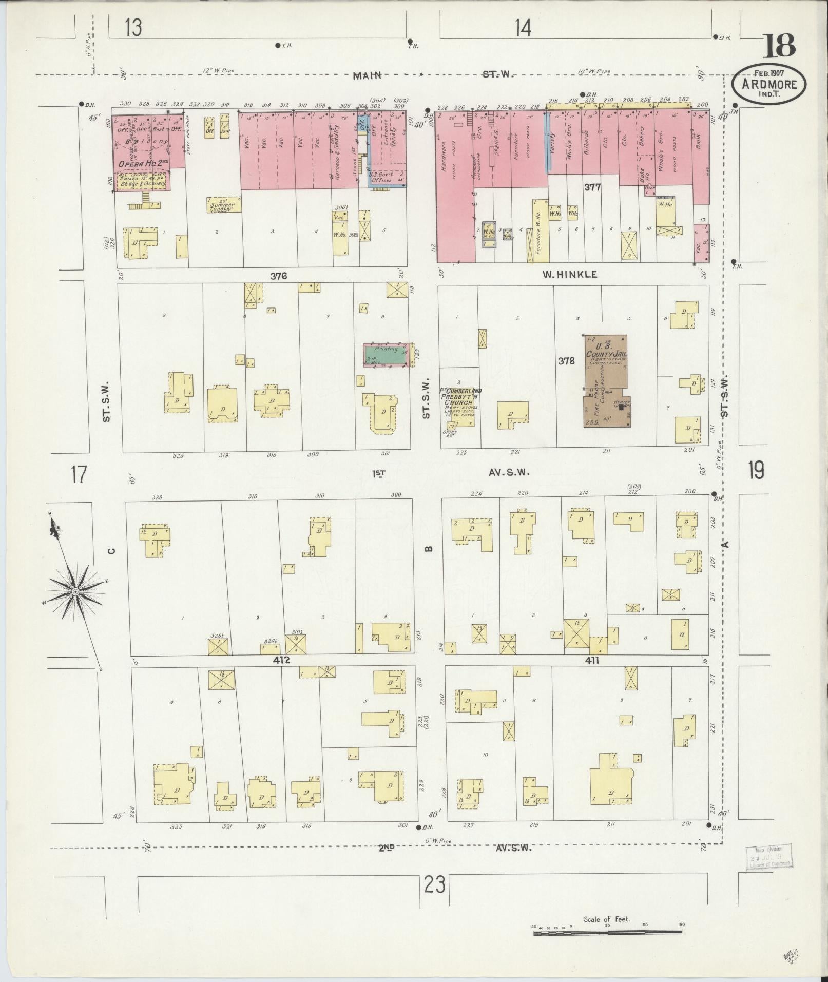 Sanborn Fire Insurance Map from Ardmore, Carter County, Oklahoma (1907), Sheet #0018 - Historic Sanborn Fire Insurance Map Print, vintage old map wall art, antique decor, genealogy gift, Oklahoma Oklahoma map