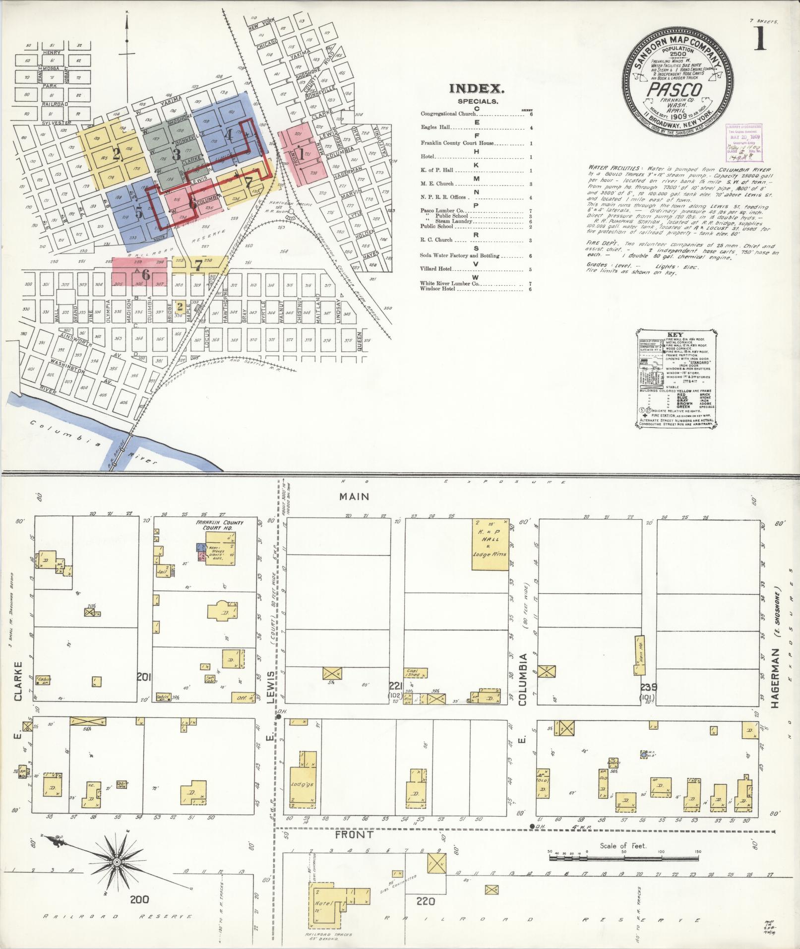 Sanborn Fire Insurance Map from Pasco, Franklin County, Washington (1909), Sheet #0001 - Complete Map Set gallery image, historic Sanborn map, vintage wall art, Washington Washington