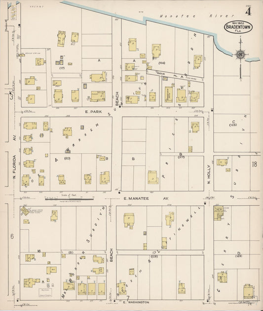Sanborn Fire Insurance Map from Bradentown, Manatee County, Florida (1922), Sheet #0004 - Historic Sanborn Fire Insurance Map Print, vintage old map wall art, antique decor, genealogy gift, Florida Florida map