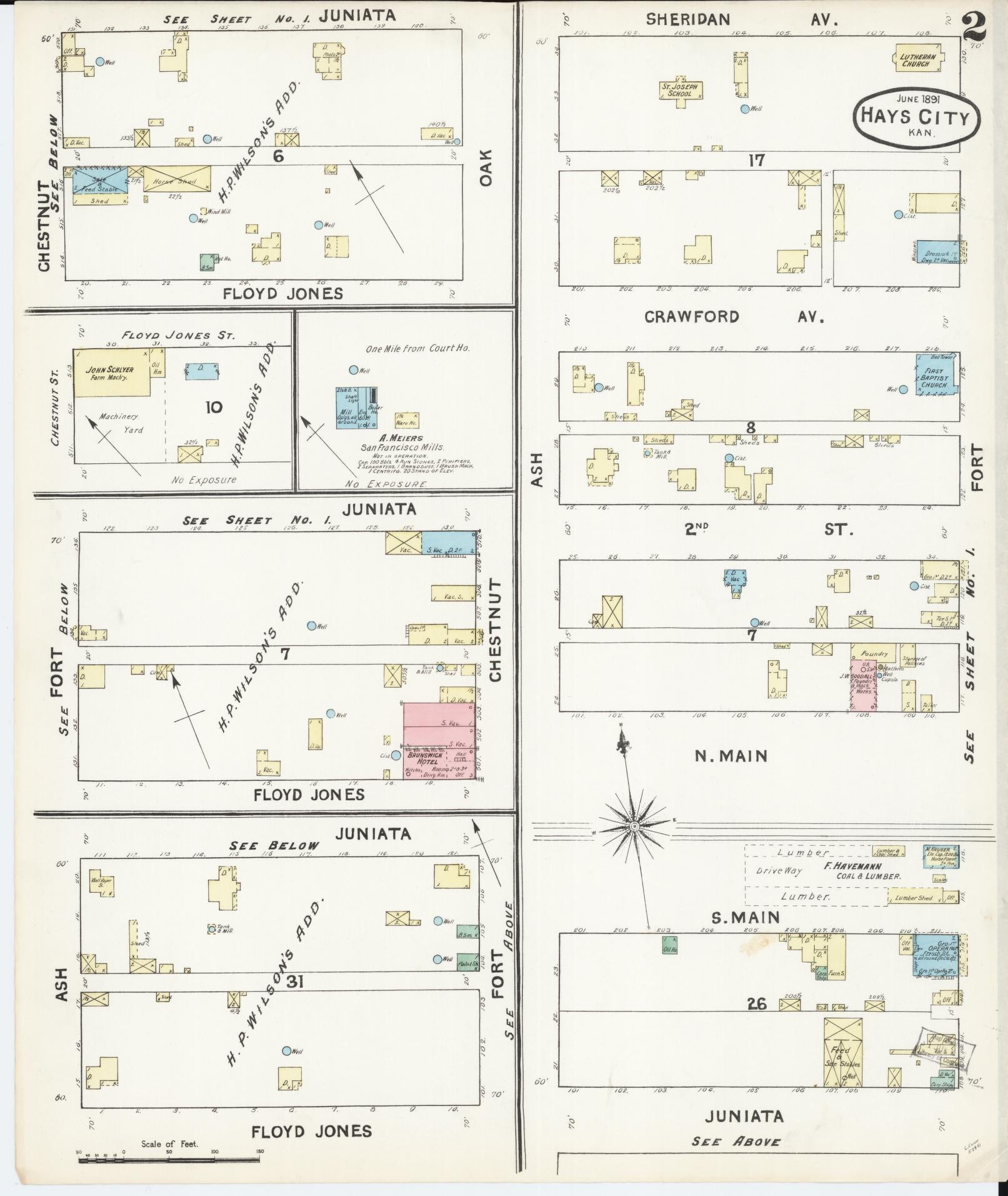 Sanborn Fire Insurance Map from Hays, Ellis County, Kansas (1891), Sheet #0002 - Complete Map Set gallery image, historic Sanborn map, vintage wall art, Kansas Kansas
