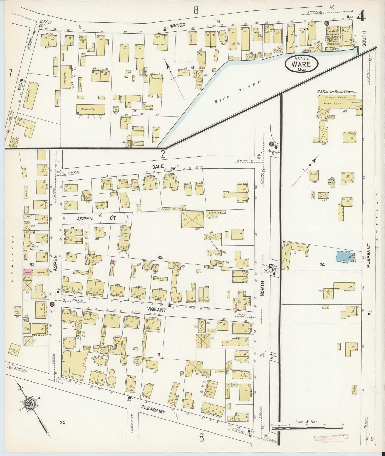 Sanborn Fire Insurance Map from Ware, Hampshire County, Massachusetts (1912), Sheet #0004 - Historic Sanborn Fire Insurance Map Print, vintage old map wall art, antique decor, genealogy gift, Massachusetts Massachusetts map