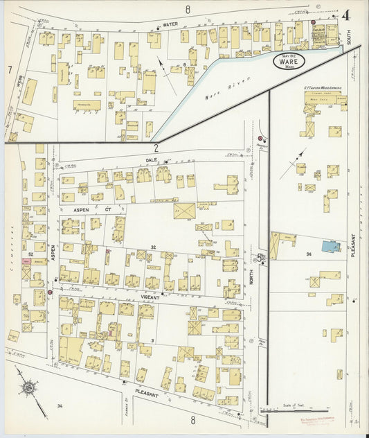 Sanborn Fire Insurance Map from Ware, Hampshire County, Massachusetts (1912), Sheet #0004 - Historic Sanborn Fire Insurance Map Print, vintage old map wall art, antique decor, genealogy gift, Massachusetts Massachusetts map