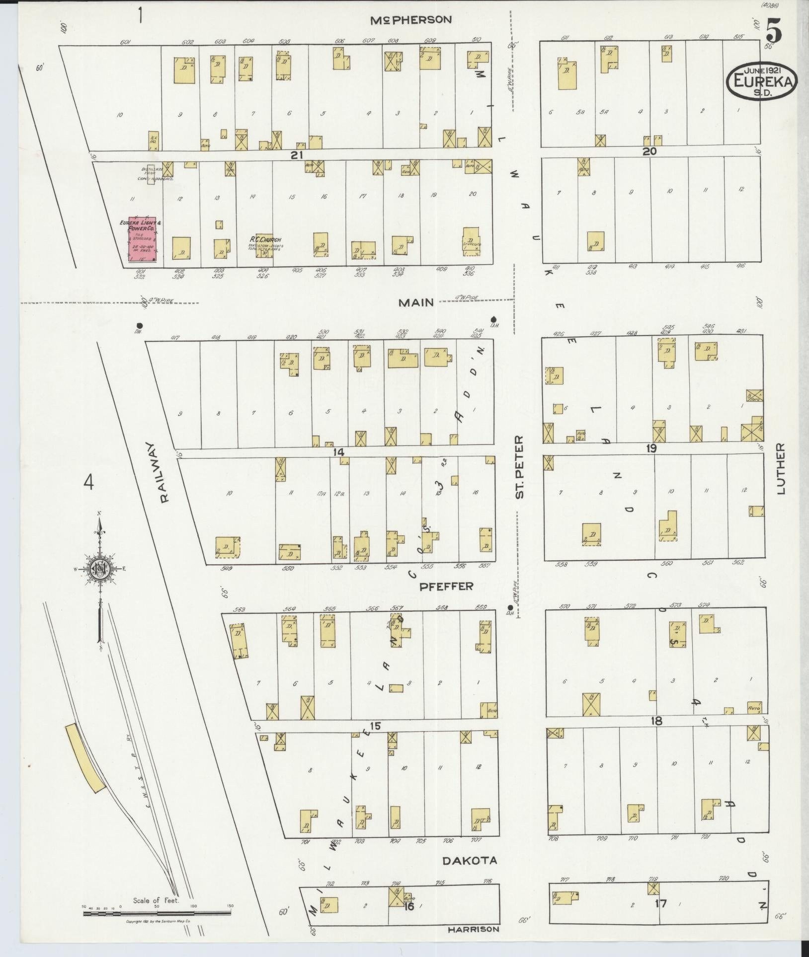 Sanborn Fire Insurance Map from Eureka, McPherson County, South Dakota (1921), Sheet #0005 - Historic Sanborn Fire Insurance Map Print, vintage old map wall art, antique decor, genealogy gift, South Dakota South Dakota map