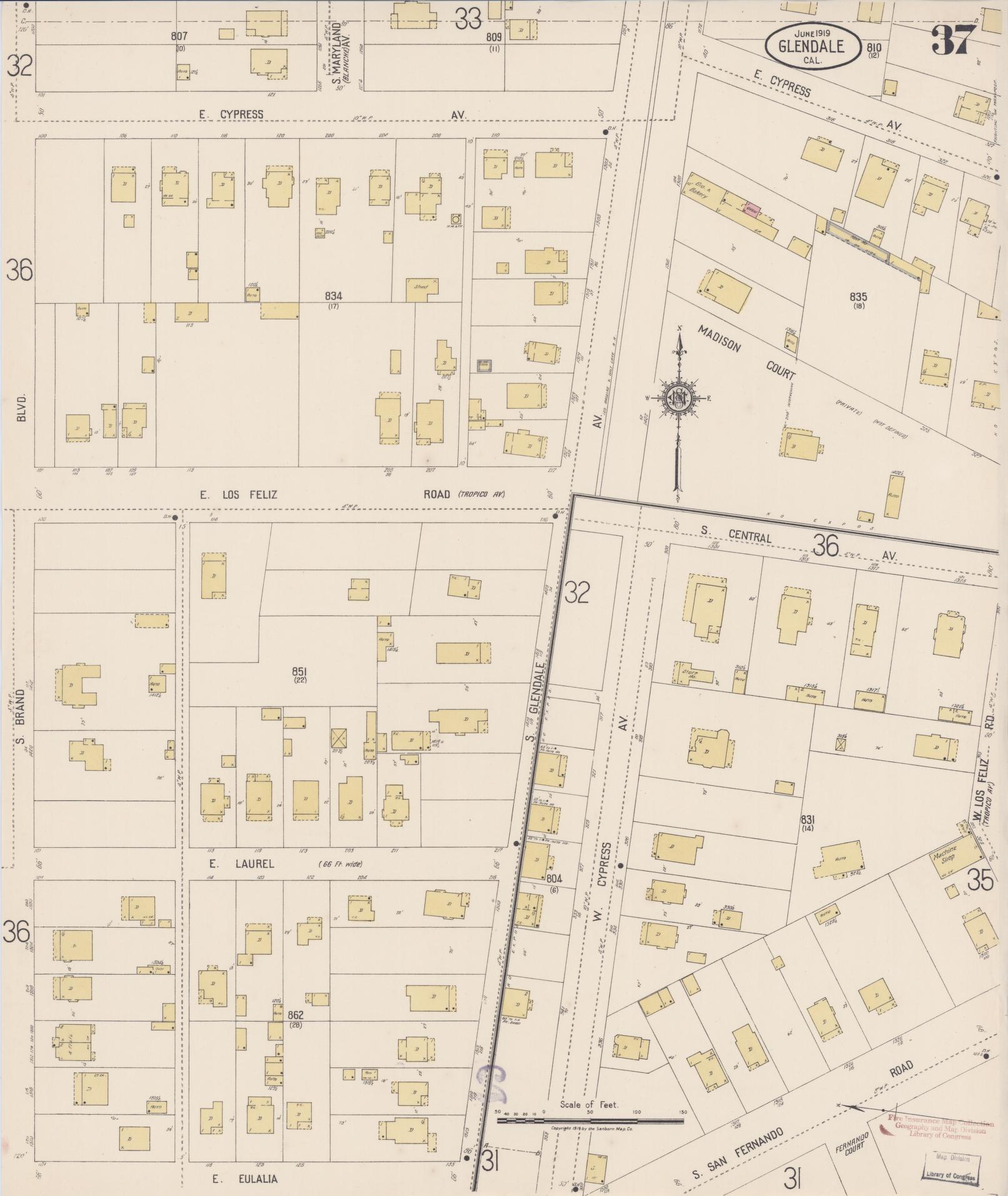 Sanborn Fire Insurance Map from Glendale, Los Angeles County, California (1919), Sheet #0037 - Historic Sanborn Fire Insurance Map Print, vintage old map wall art, antique decor, genealogy gift, California California map