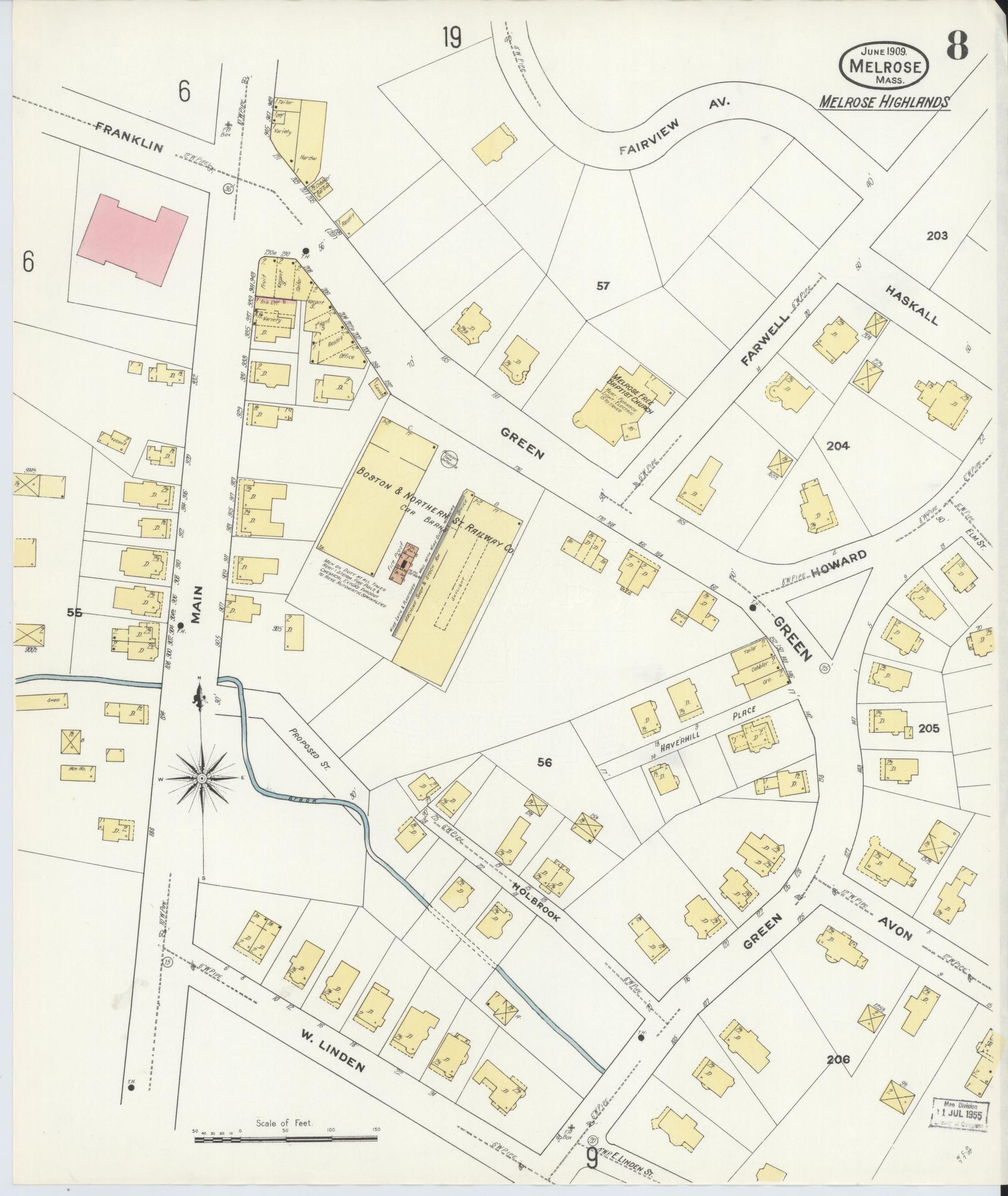 Sanborn Fire Insurance Map from Melrose, Middlesex County, Massachusetts (1909), Sheet #0008 - Historic Sanborn Fire Insurance Map Print, vintage old map wall art, antique decor, genealogy gift, Massachusetts Massachusetts map