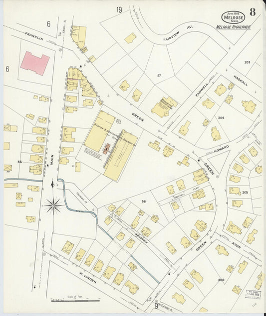 Sanborn Fire Insurance Map from Melrose, Middlesex County, Massachusetts (1909), Sheet #0008 - Historic Sanborn Fire Insurance Map Print, vintage old map wall art, antique decor, genealogy gift, Massachusetts Massachusetts map