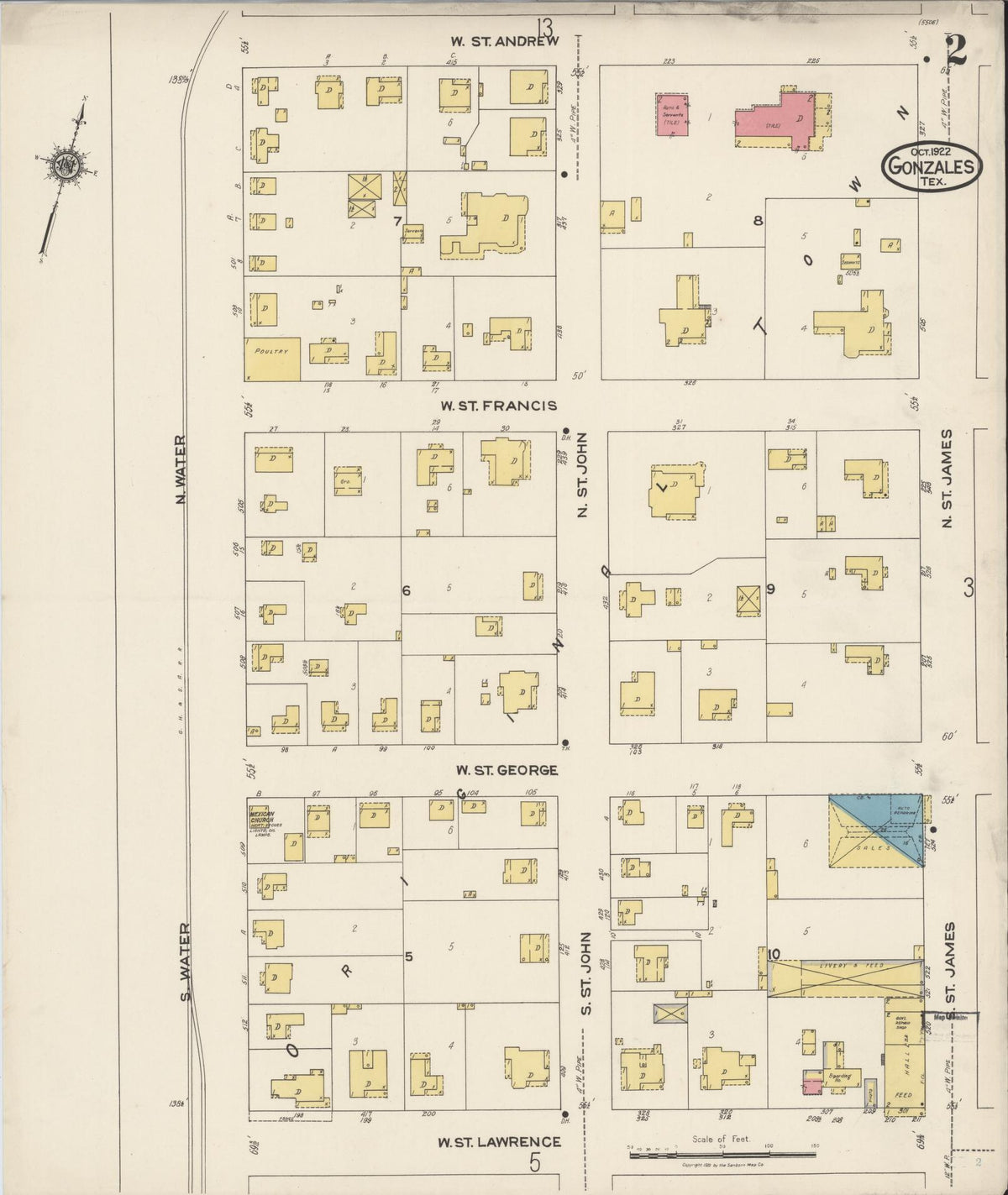 Sanborn Fire Insurance Map from Gonzales, Gonzales County, Texas (1922), Sheet #0002 - Complete Map Set gallery image, historic Sanborn map, vintage wall art, Texas Texas