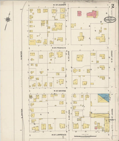 Sanborn Fire Insurance Map from Gonzales, Gonzales County, Texas (1922), Sheet #0002 - Complete Map Set gallery image, historic Sanborn map, vintage wall art, Texas Texas