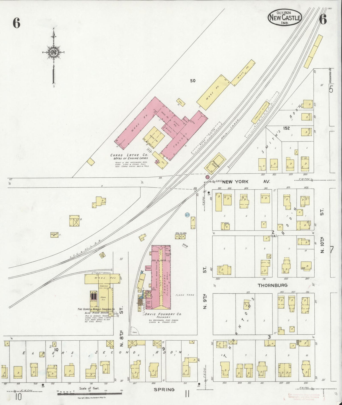 Sanborn Fire Insurance Map from New Castle, Henry County, Indiana (1924), Sheet #0006 - Historic Sanborn Fire Insurance Map Print, vintage old map wall art, antique decor, genealogy gift, Indiana Indiana map