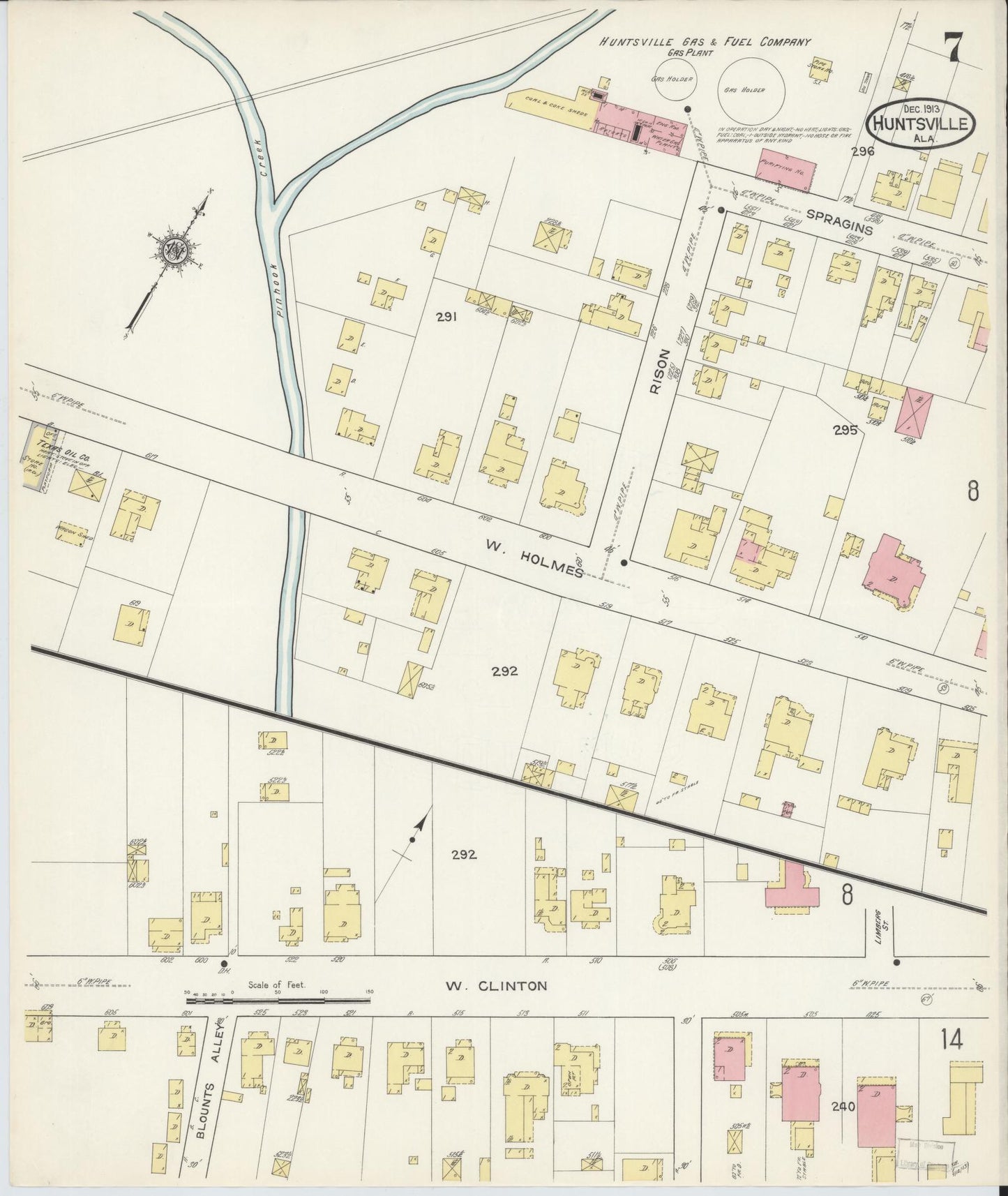 Sanborn Fire Insurance Map from Huntsville, Madison County, Alabama (1913), Sheet #0007 - Historic Sanborn Fire Insurance Map Print, vintage old map wall art, antique decor, genealogy gift, Alabama Alabama map