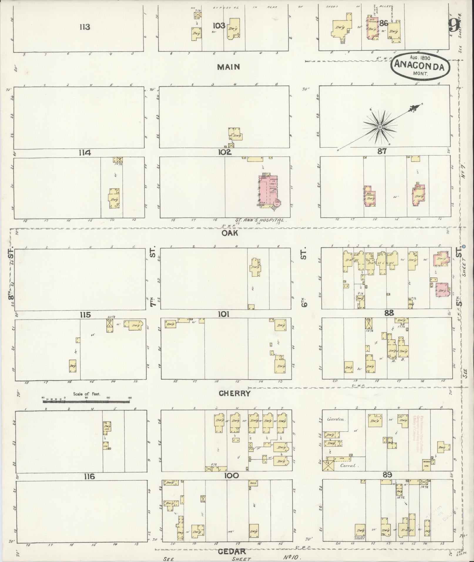 Sanborn Fire Insurance Map from Anaconda, Deer Lodge County, Montana (1890), Sheet #0009 - Historic Sanborn Fire Insurance Map Print, vintage old map wall art, antique decor, genealogy gift, Montana Montana map