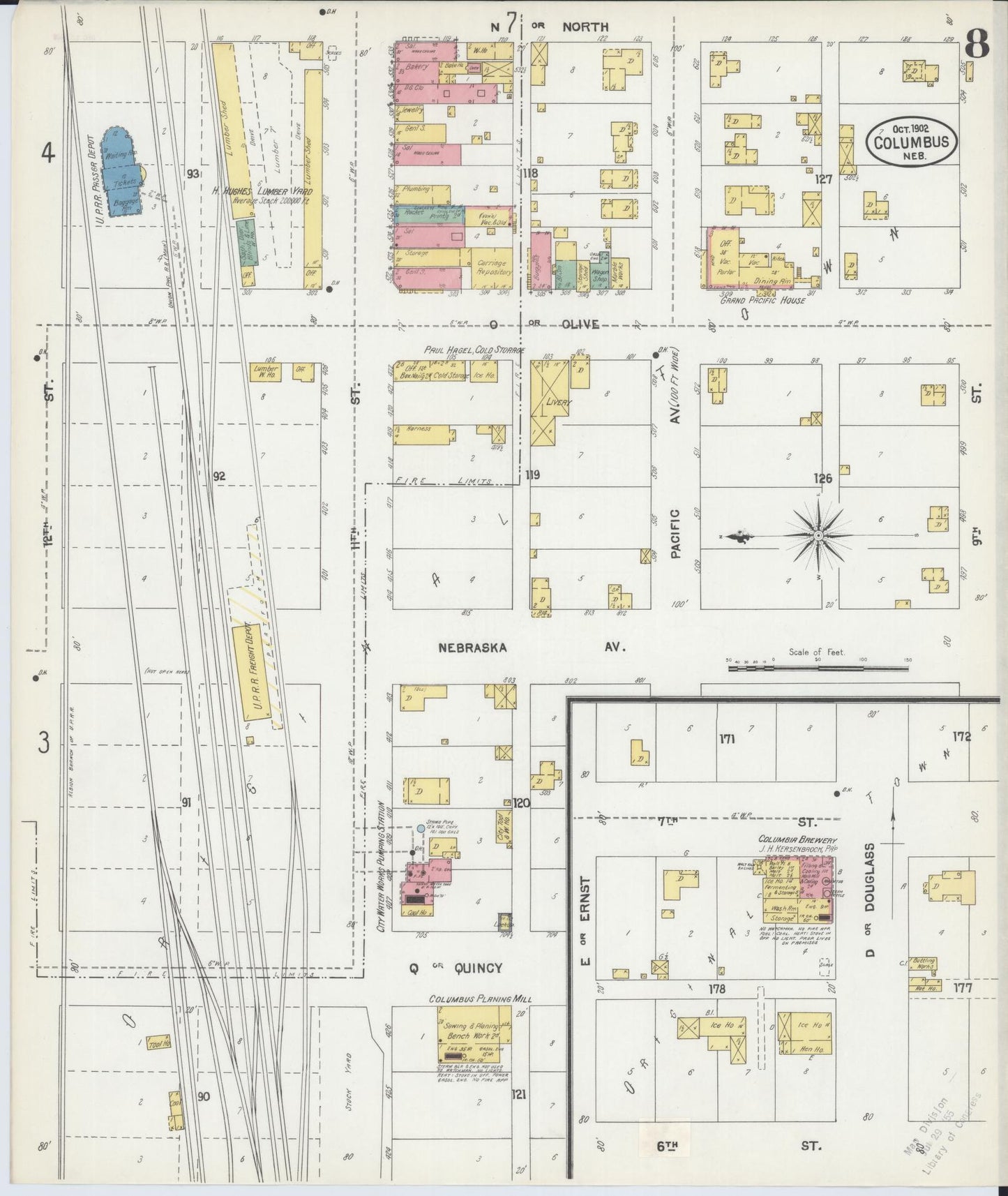 Sanborn Fire Insurance Map from Columbus, Platte County, Nebraska (1902), Sheet #0008 - Historic Sanborn Fire Insurance Map Print, vintage old map wall art, antique decor, genealogy gift, Nebraska Nebraska map