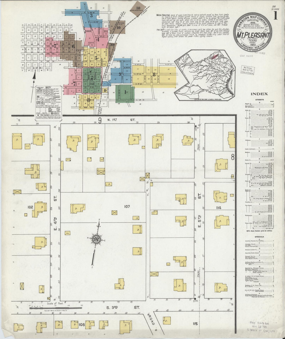 Sanborn Fire Insurance Map from Mount Pleasant, Titus County, Texas (1920), Sheet #0001 - Historic Sanborn Fire Insurance Map Print, vintage old map wall art, antique decor, genealogy gift, Texas Texas map