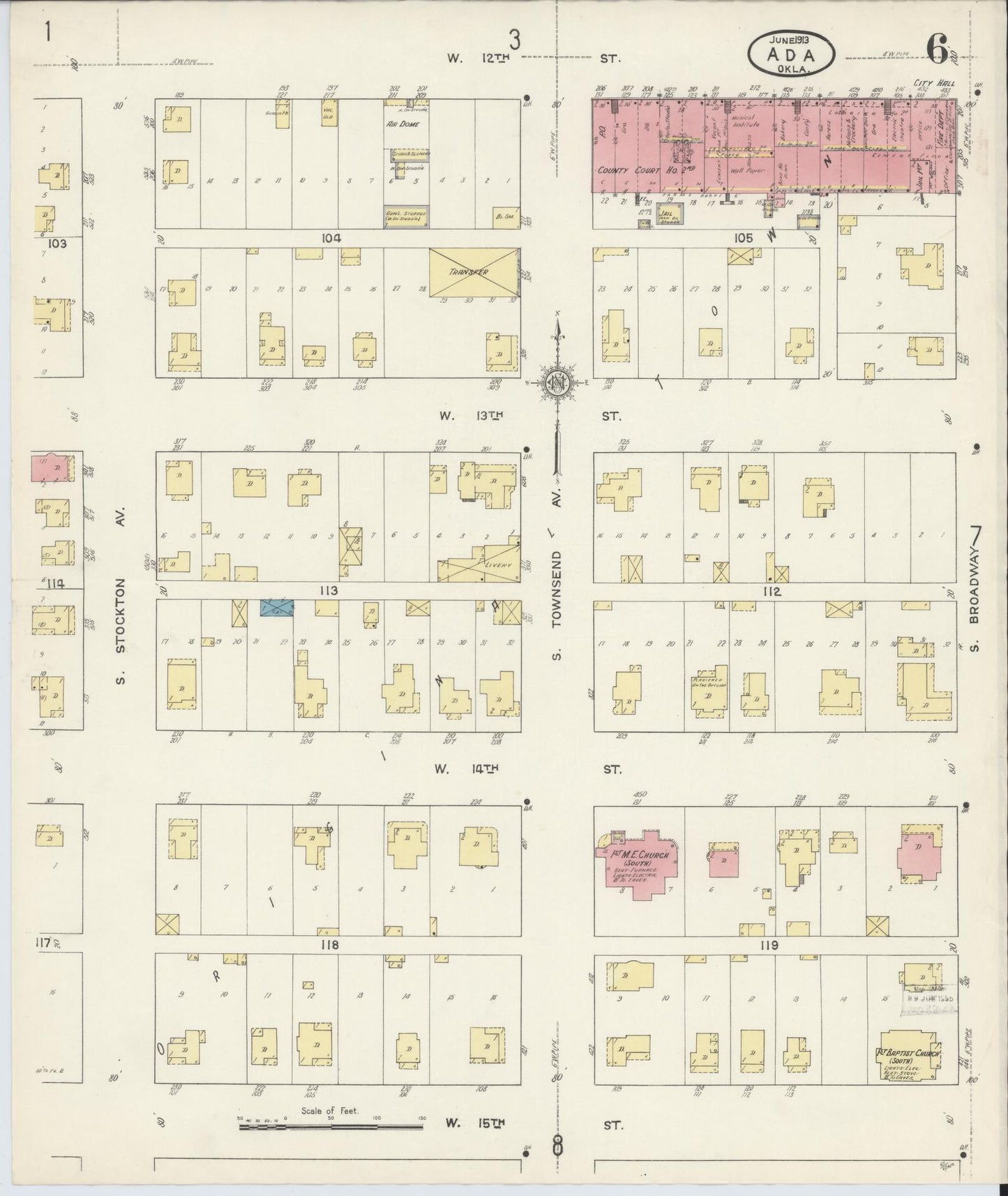 Sanborn Fire Insurance Map from Ada, Pontotoc County, Oklahoma (1913), Sheet #0006 - Historic Sanborn Fire Insurance Map Print, vintage old map wall art, antique decor, genealogy gift, Oklahoma Oklahoma map
