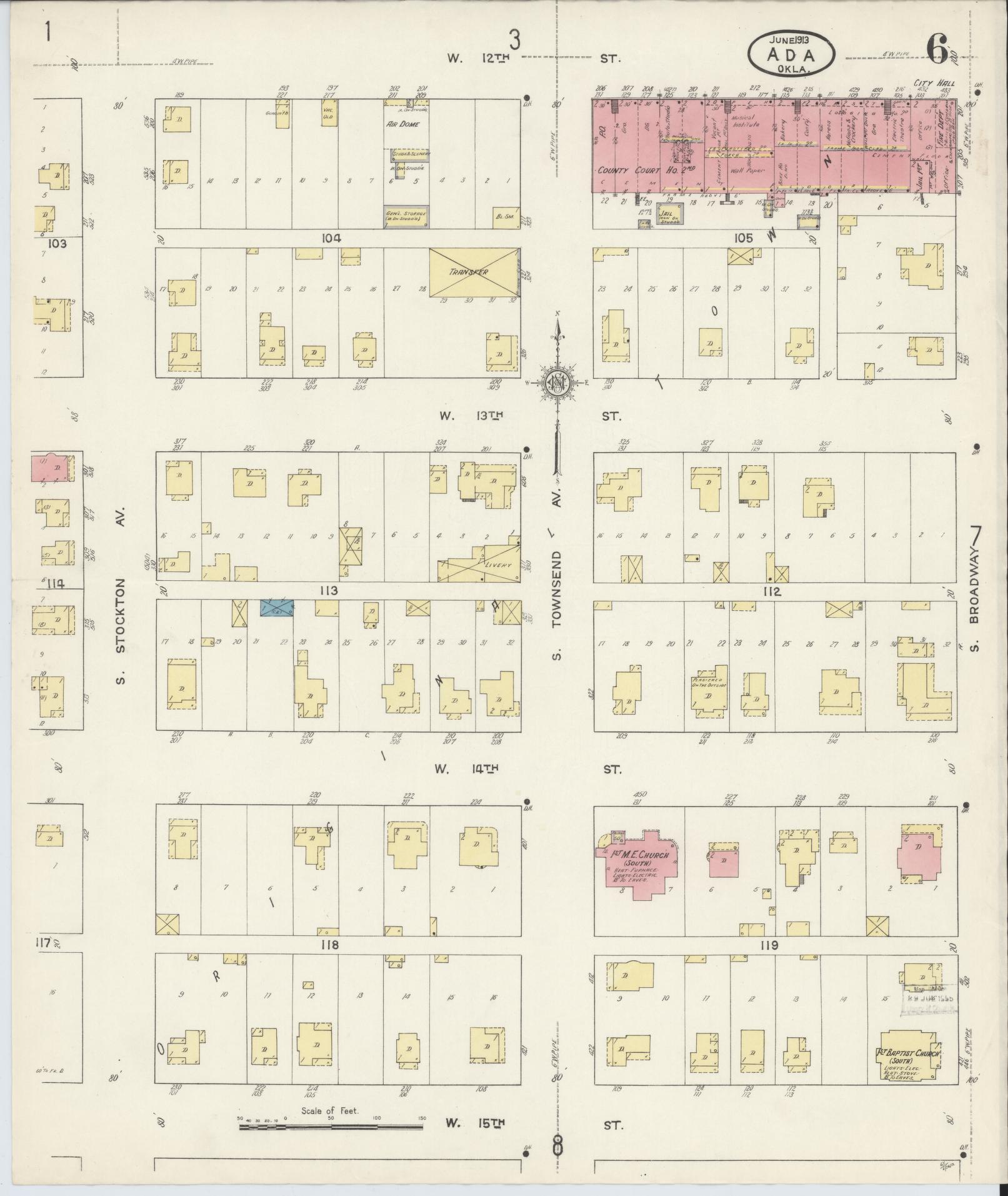 Sanborn Fire Insurance Map from Ada, Pontotoc County, Oklahoma (1913), Sheet #0006 - Historic Sanborn Fire Insurance Map Print, vintage old map wall art, antique decor, genealogy gift, Oklahoma Oklahoma map
