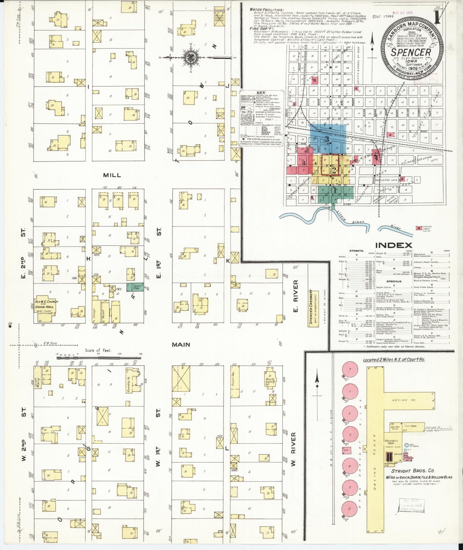 Sanborn Fire Insurance Map from Spencer, Clay County, Iowa (1909), Sheet #0001 - Historic Sanborn Fire Insurance Map Print, vintage old map wall art