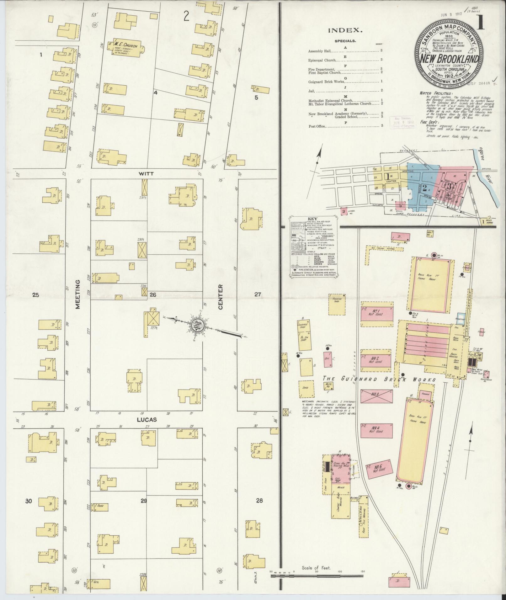 Sanborn Fire Insurance Map from New Brookland, Lexington County, South Carolina (1912), Sheet #0001 - Historic Sanborn Fire Insurance Map Print, vintage old map wall art, antique decor, genealogy gift, South Carolina South Carolina map