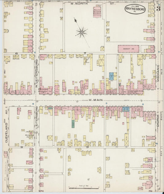 Sanborn Fire Insurance Map from Waynesboro, Franklin County, Pennsylvania (1886), Sheet #0003 - Historic Sanborn Fire Insurance Map Print, vintage old map wall art, antique decor, genealogy gift, Pennsylvania Pennsylvania map
