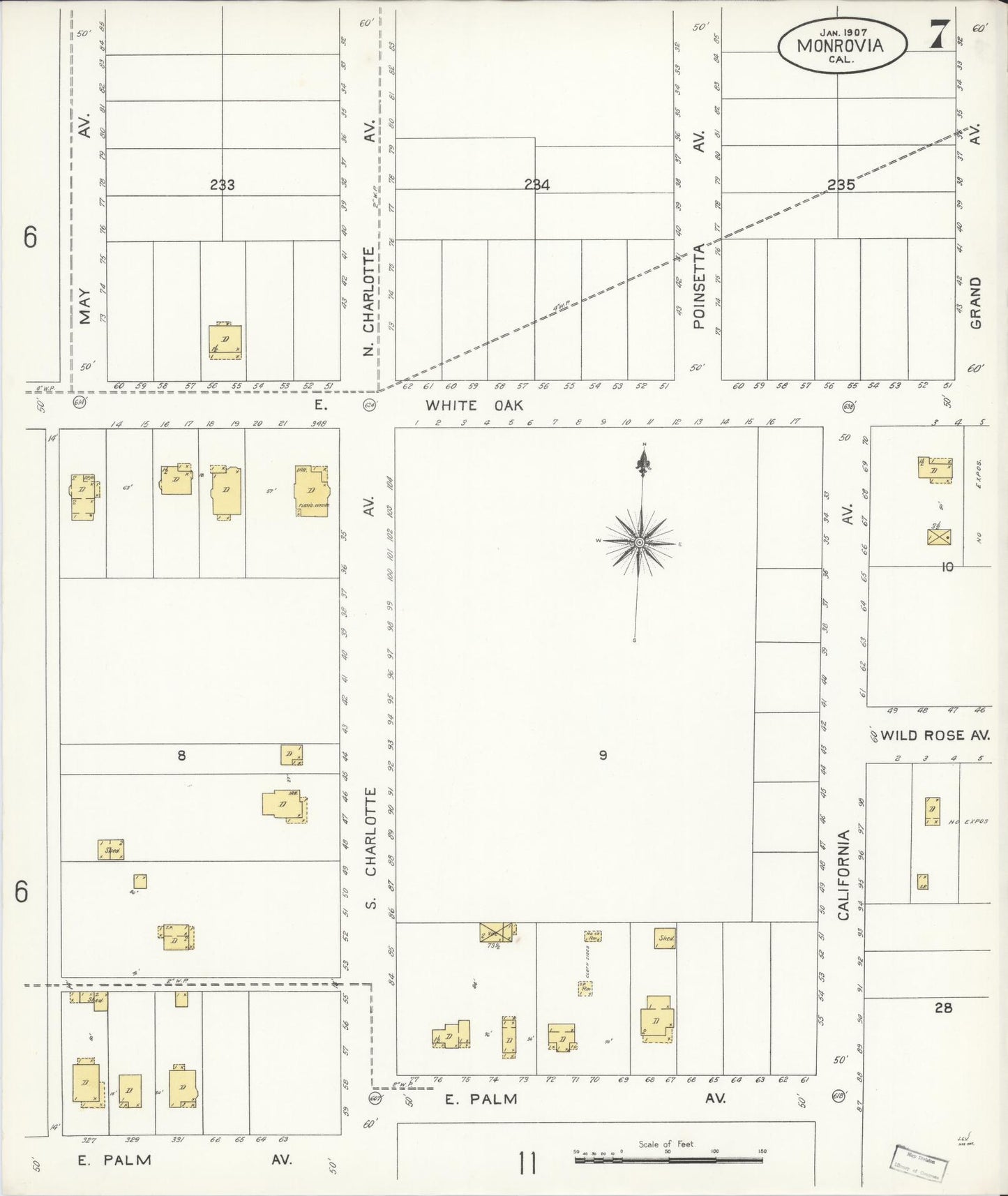 Sanborn Fire Insurance Map from Monrovia, Los Angeles County, California (1907), Sheet #0007 - Historic Sanborn Fire Insurance Map Print, vintage old map wall art, antique decor, genealogy gift, California California map