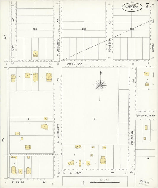 Sanborn Fire Insurance Map from Monrovia, Los Angeles County, California (1907), Sheet #0007 - Historic Sanborn Fire Insurance Map Print, vintage old map wall art, antique decor, genealogy gift, California California map