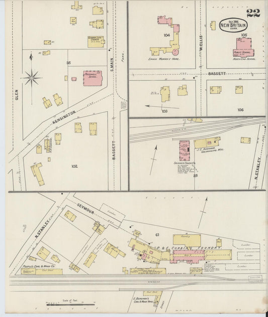 Sanborn Fire Insurance Map from New Britain, Hartford County, Connecticut (1895), Sheet #0022 - Historic Sanborn Fire Insurance Map Print, vintage old map wall art, antique decor, genealogy gift, Connecticut Connecticut map